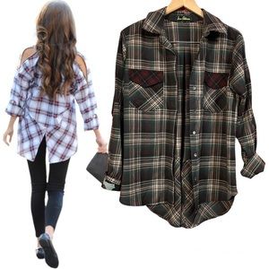 SAM EDELMAN THE WEEKENDER Plaid Cold Shoulder Zipper Button Down Top Shirt M